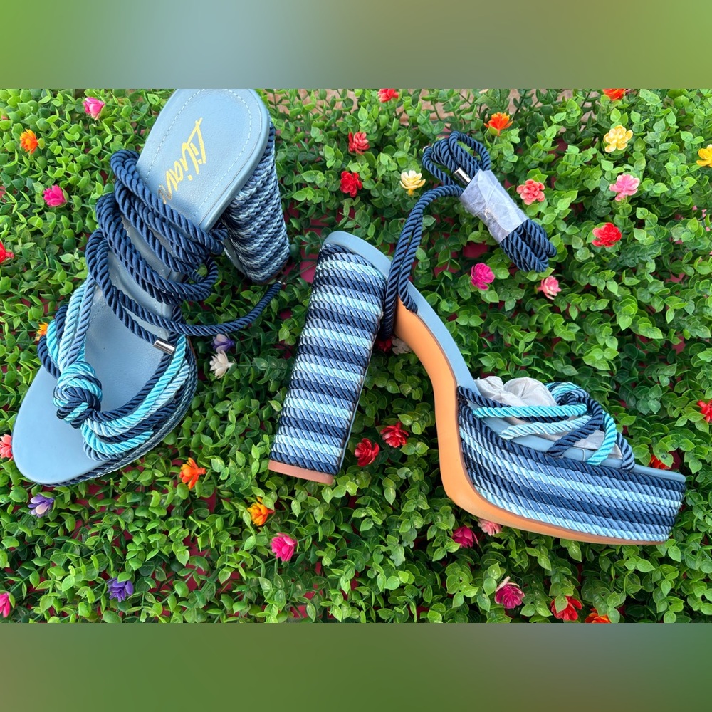 Liliana Blue Striped Rope Platform Heels